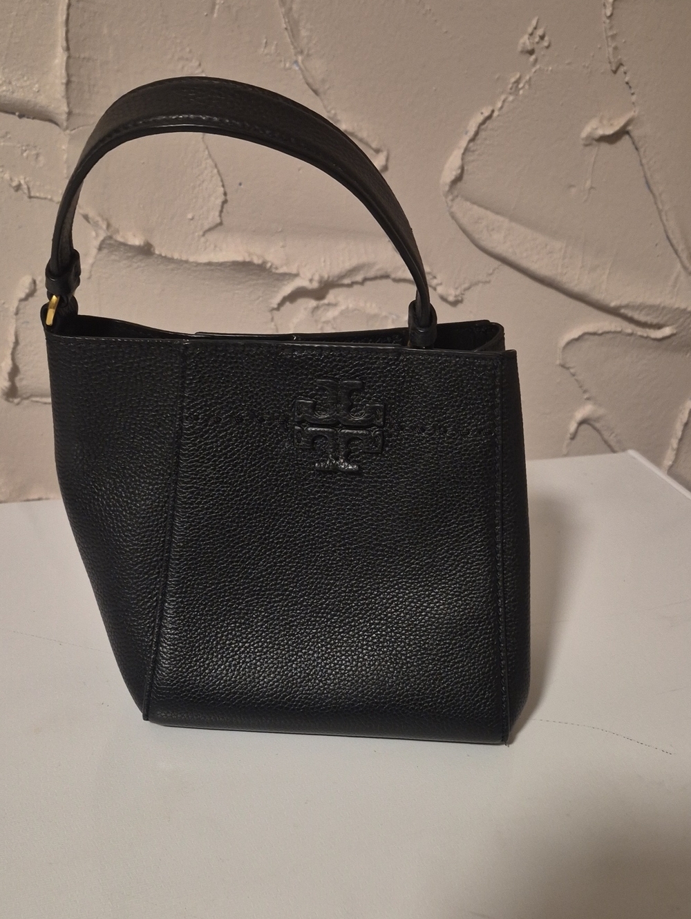 Tory Burch Black Pebbled Leather Top-Handle Bag .